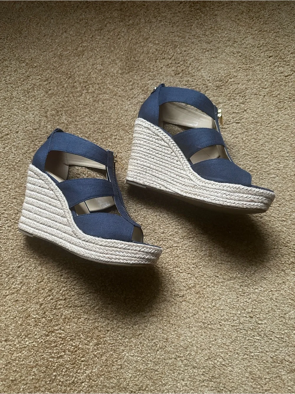 Michael Kors Navy Canvas Zip Wedge Berkley Sandals with Espadrille Heel